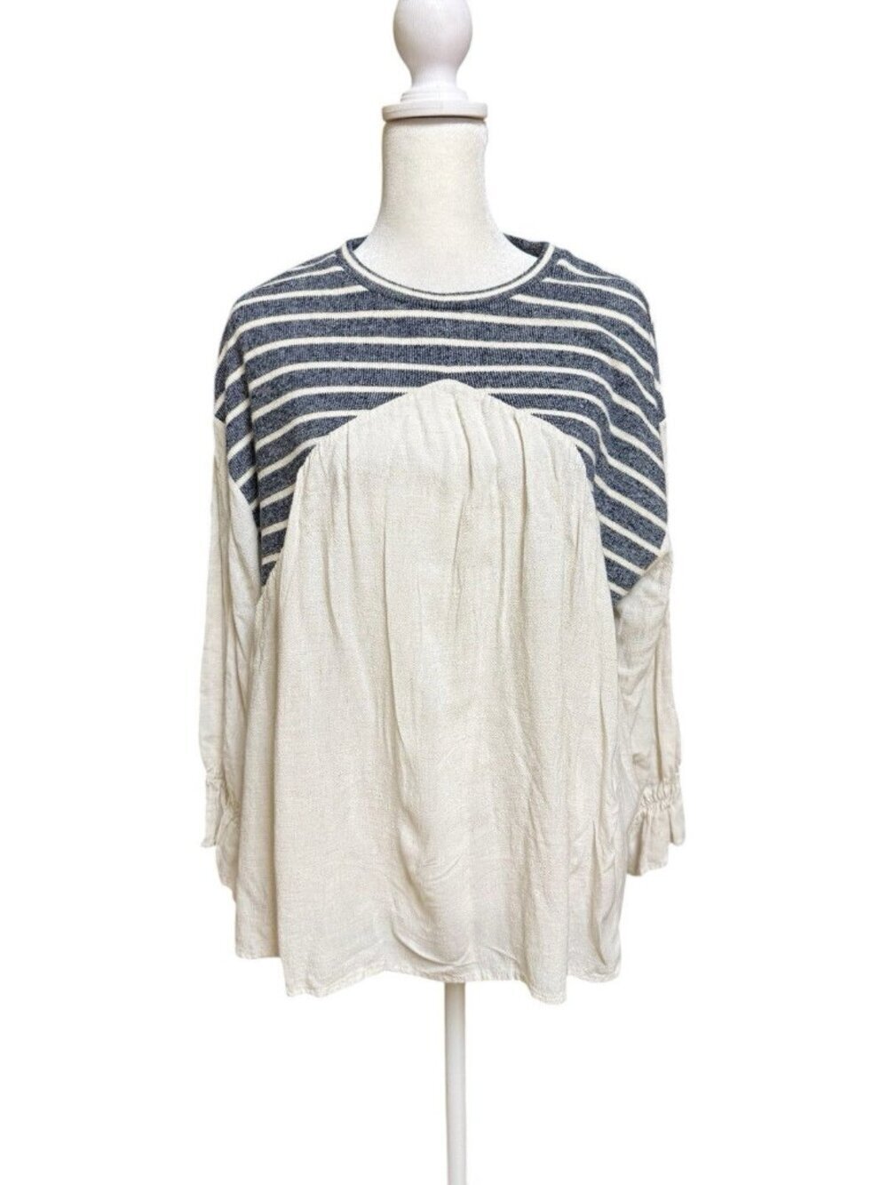 THML Striped Linen Blend Boho Tunic Top Blue White Oversized S